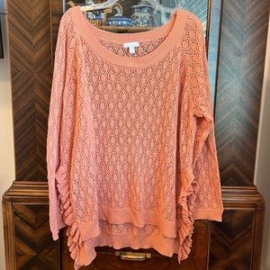 New York & Co Salmon Open Weave Sweater with Ruffled Side Slits